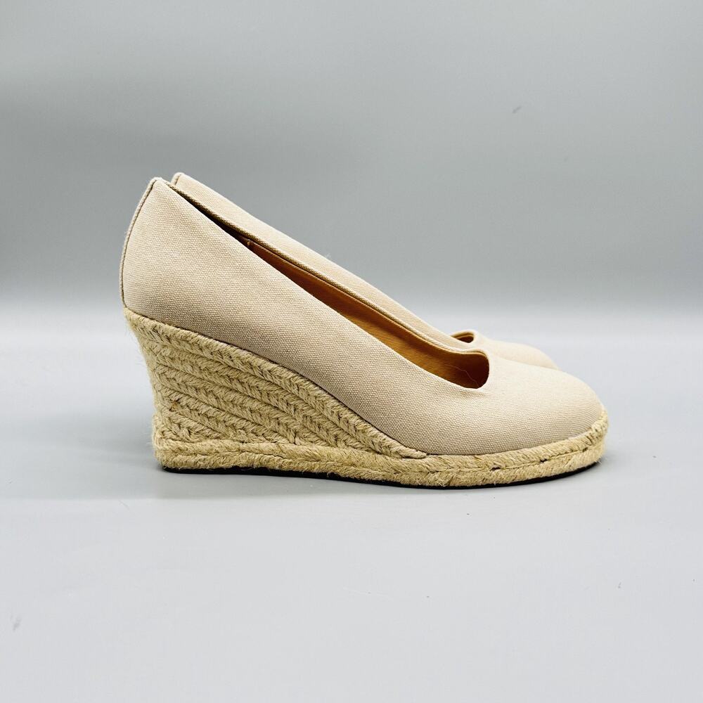 J Crew Shoes Womens 7 Beige Cotton Espadrille Wedge Heels Round Toe Slip On